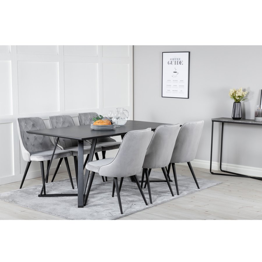 VENTURE DESIGN Marina spisebordsst, m. 6 stole - sort finer/sort metal og lysegr fljl/sort metal