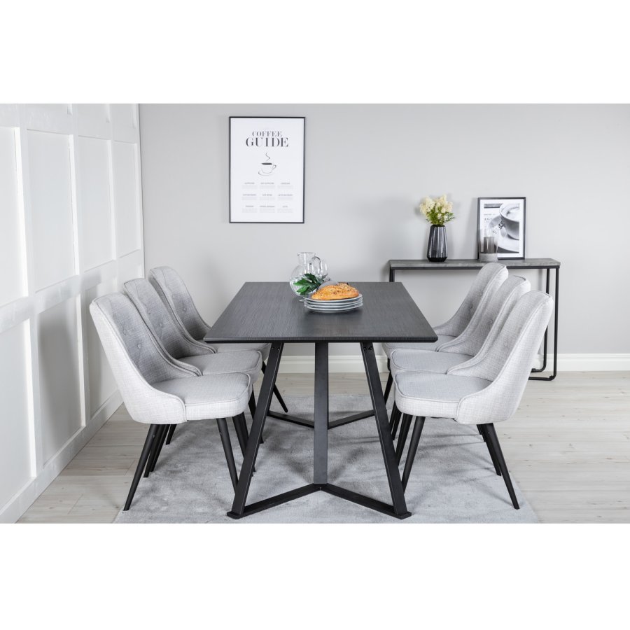 VENTURE DESIGN Marina spisebordsst, m. 6 stole - sort finer/sort metal og lysegr stof/sort metal