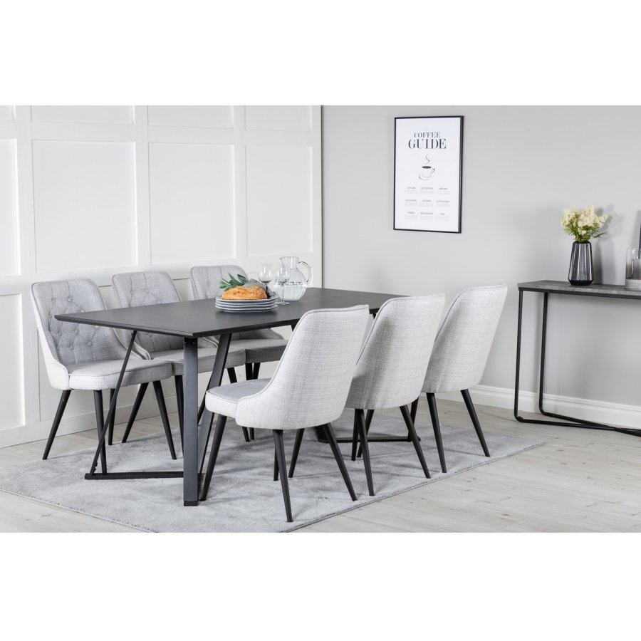 VENTURE DESIGN Marina spisebordsst, m. 6 stole - sort finer/sort metal og lysegr stof/sort metal