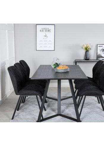 VENTURE DESIGN Marina spisebordsst, m. 6 stole - sort finer/sort metal og sort stof/sort metal