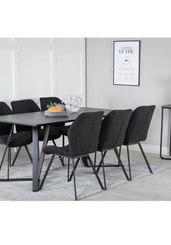 VENTURE DESIGN Marina spisebordsst, m. 6 stole - sort finer/sort metal og sort stof/sort metal
