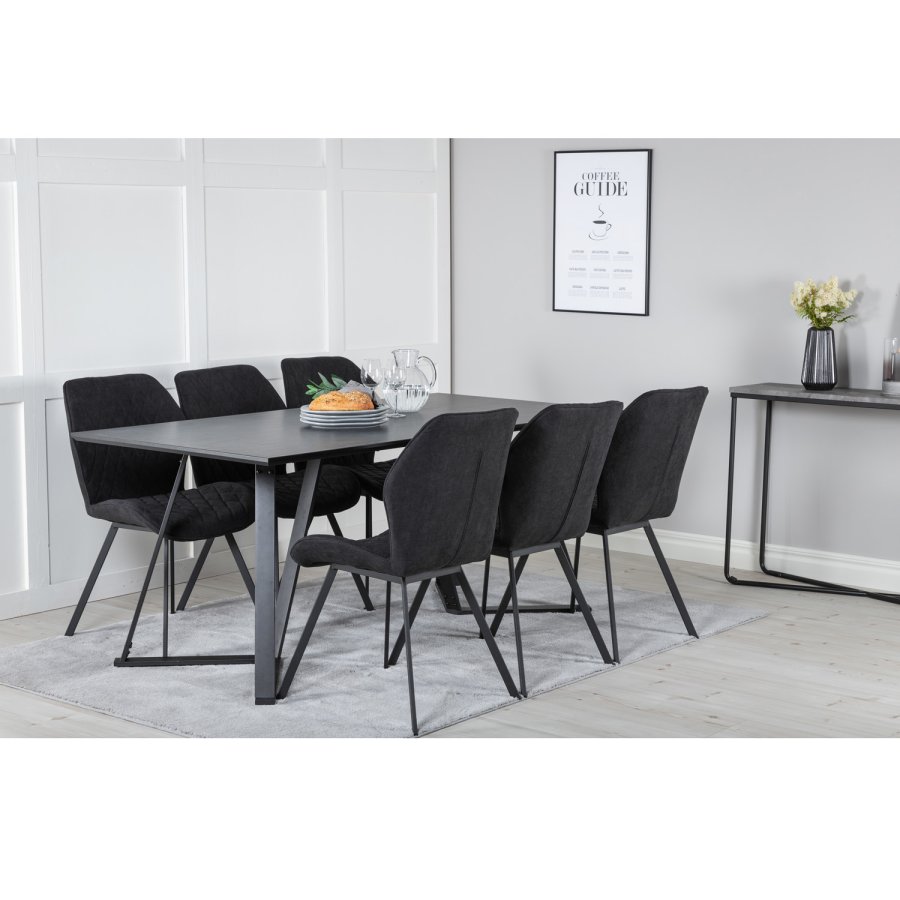 VENTURE DESIGN Marina spisebordsst, m. 6 stole - sort finer/sort metal og sort stof/sort metal