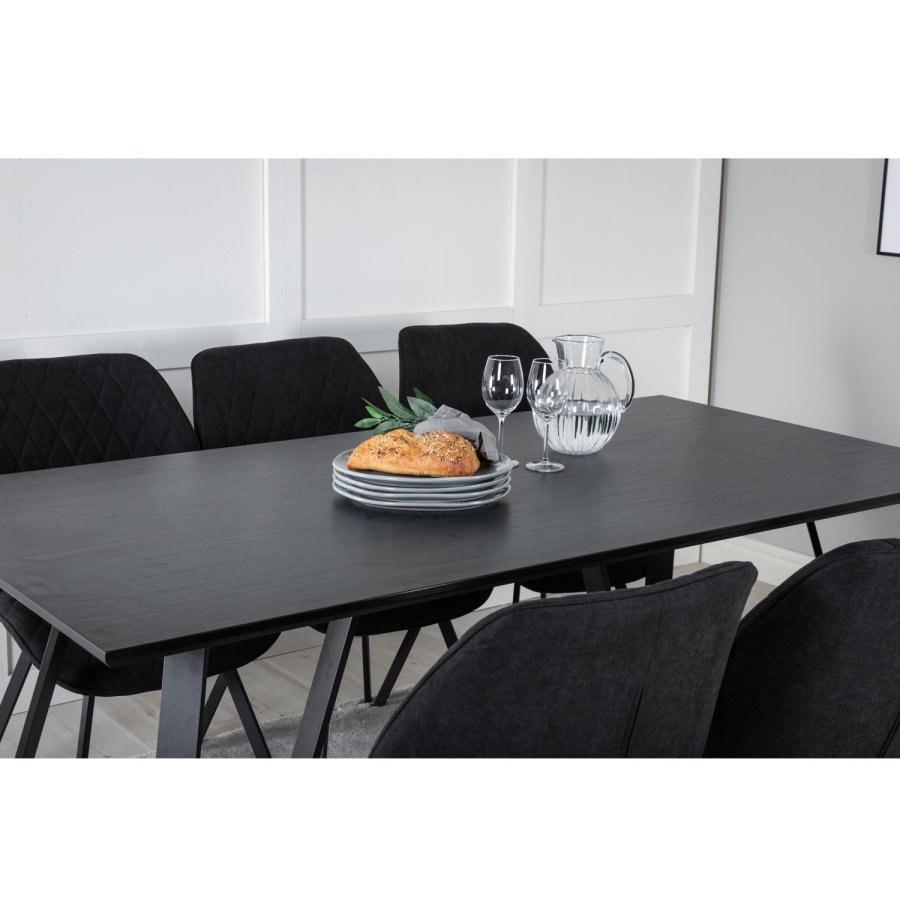 VENTURE DESIGN Marina spisebordsst, m. 6 stole - sort finer/sort metal og sort stof/sort metal