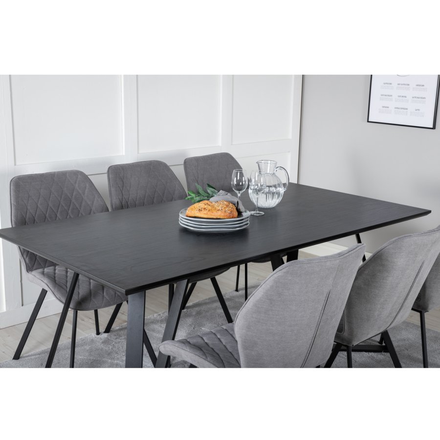 VENTURE DESIGN Marina spisebordsst, m. 6 stole - sort finer/sort metal og gr stof/sort metal