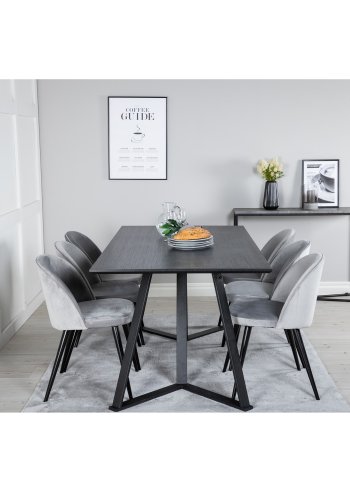 VENTURE DESIGN Marina spisebordsst, m. 6 stole - sort finer/sort metal og lysegr fljl/sort metal