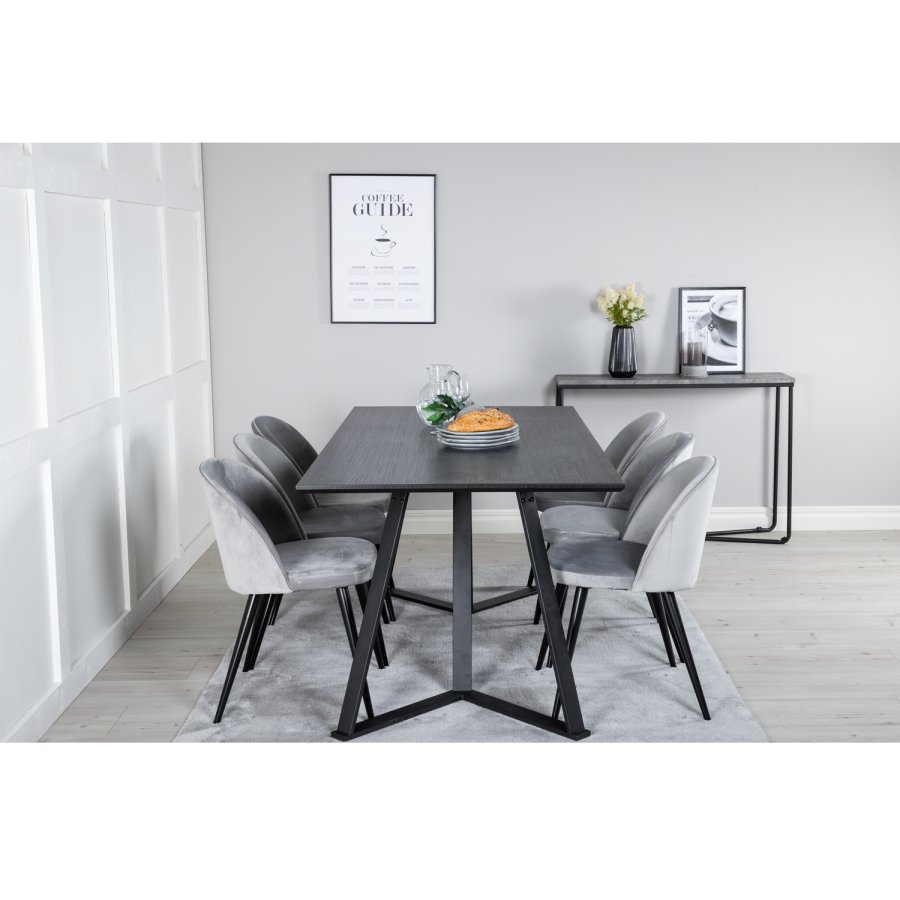 VENTURE DESIGN Marina spisebordsst, m. 6 stole - sort finer/sort metal og lysegr fljl/sort metal
