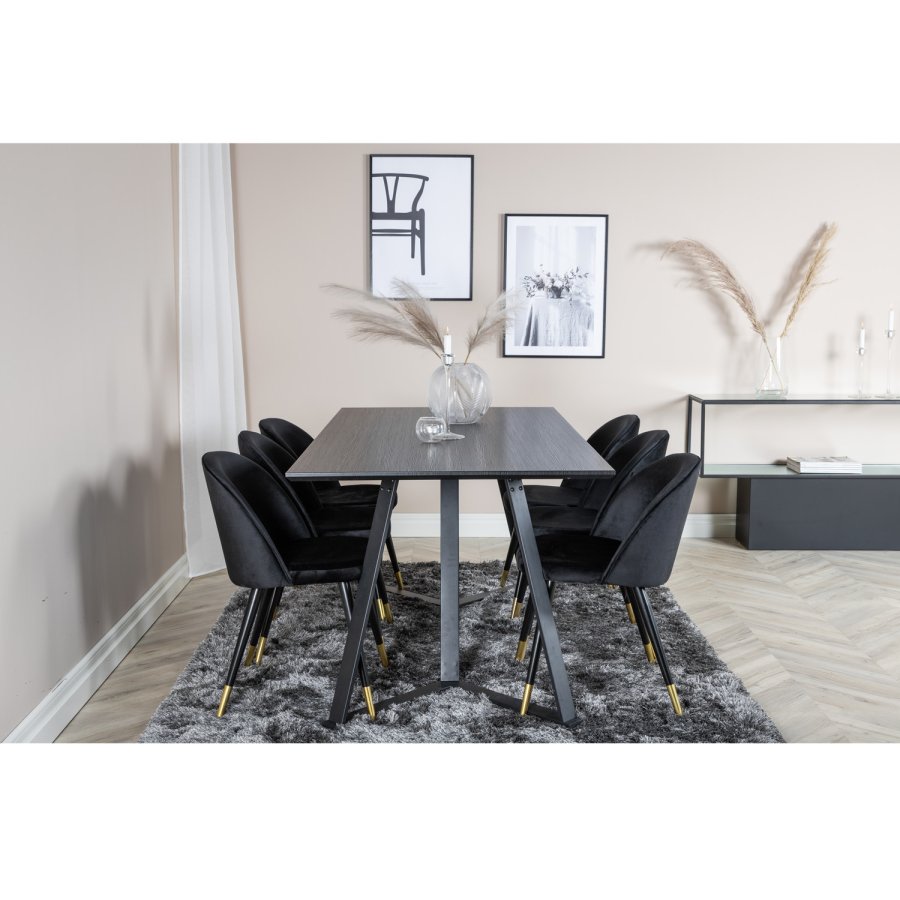 VENTURE DESIGN Marina spisebordsst, m. 6 stole - sort finer/sort metal og sort fljl/sort metal