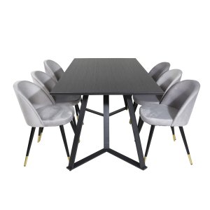 VENTURE DESIGN Marina Matbordsset, med 6 Stolar - Svart Fanér / Svart Metall och Ljusgr Sammet / Svart Metall