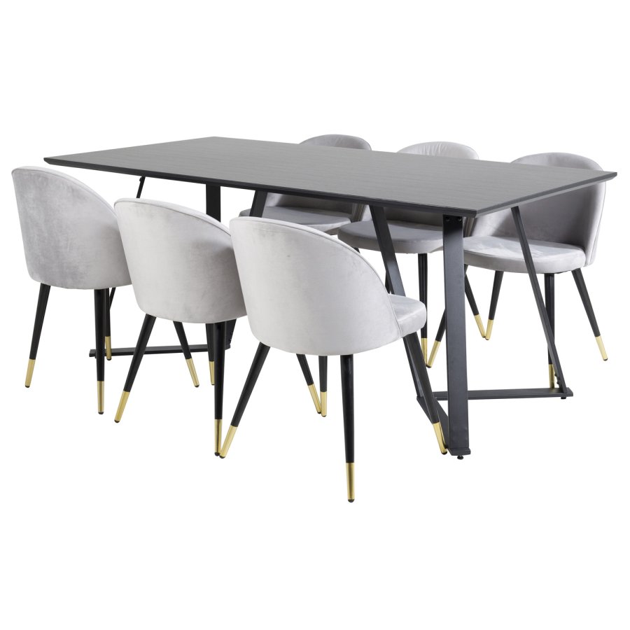 VENTURE DESIGN Marina spisebordsst, m. 6 stole - sort finer/sort metal og lysegr fljl/sort metal