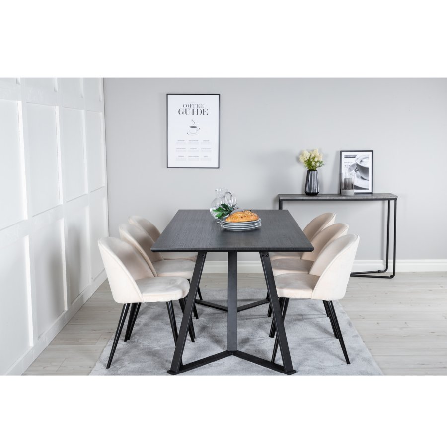 VENTURE DESIGN Marina spisebordsst, m. 6 stole - sort finer/sort metal og beige fljl/sort metal