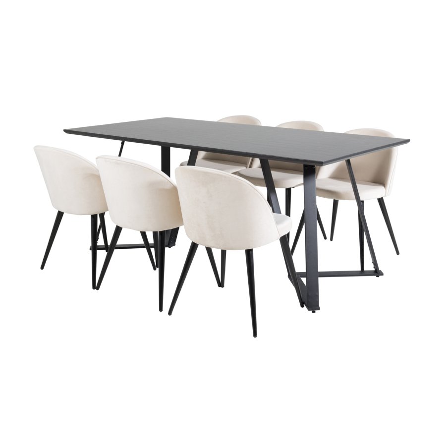 VENTURE DESIGN Marina spisebordsst, m. 6 stole - sort finer/sort metal og beige fljl/sort metal