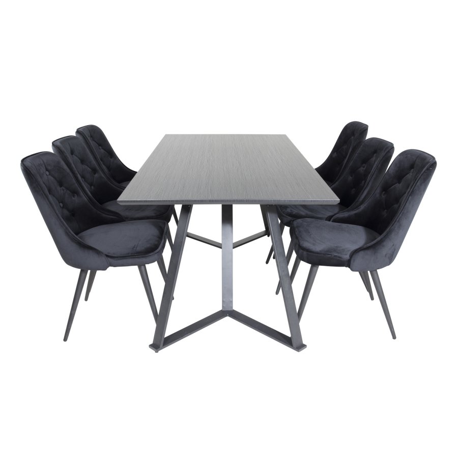 VENTURE DESIGN Marina Esstisch-Set, mit 6 Stühlen – schwarzes Furnier/schwarzes Metall und schwarzer Samt/schwarzes Metall