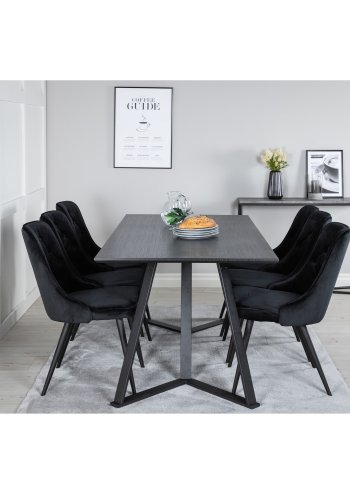 VENTURE DESIGN Marina Esstisch-Set, mit 6 Stühlen – schwarzes Furnier/schwarzes Metall und schwarzer Samt/schwarzes Metall