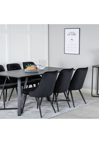 VENTURE DESIGN Marina Esstisch-Set, mit 6 Stühlen – schwarzes Furnier/schwarzes Metall und schwarzer Samt/schwarzes Metall
