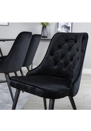 VENTURE DESIGN Marina Esstisch-Set, mit 6 Stühlen – schwarzes Furnier/schwarzes Metall und schwarzer Samt/schwarzes Metall