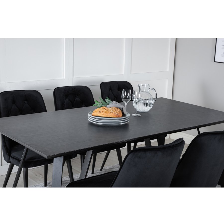 VENTURE DESIGN Marina Esstisch-Set, mit 6 Stühlen – schwarzes Furnier/schwarzes Metall und schwarzer Samt/schwarzes Metall