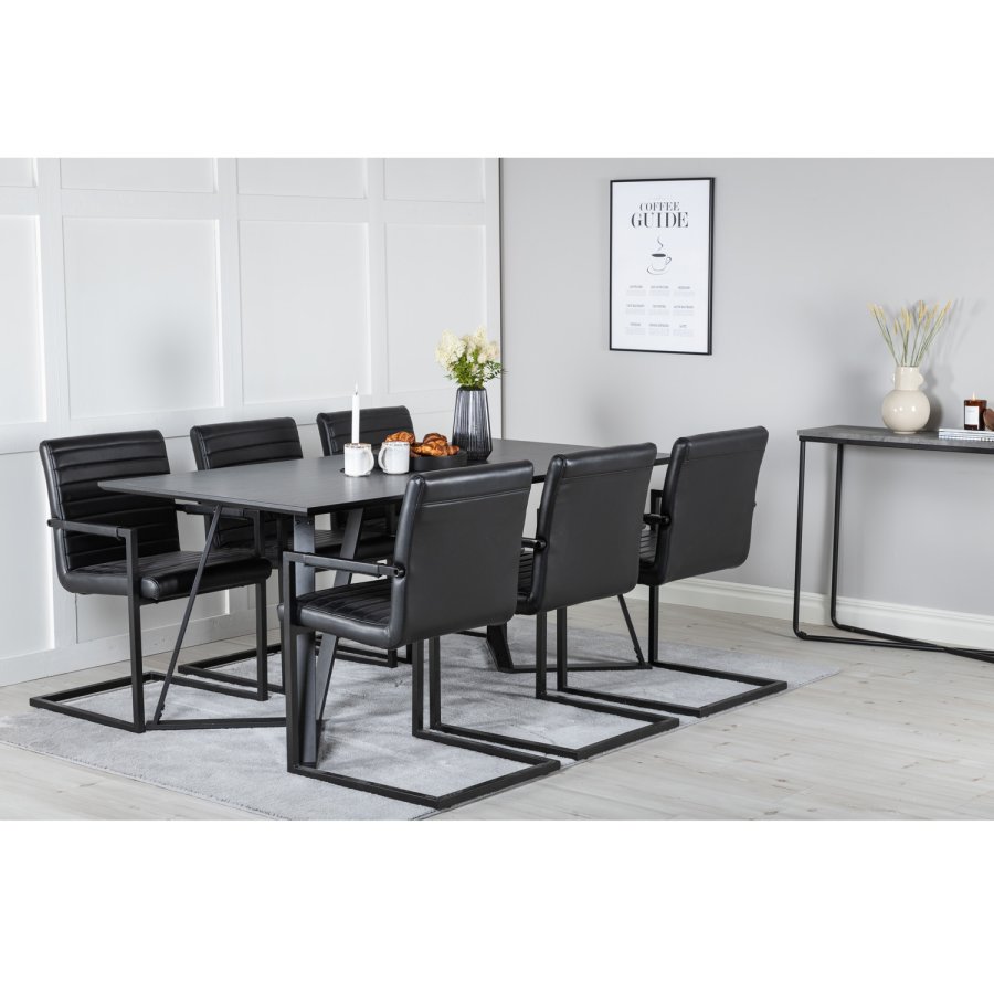 VENTURE DESIGN Marina Matbordsset, med 6 Stolar - Svart Fanér / Svart Metall och Svart PU / Svart Metall