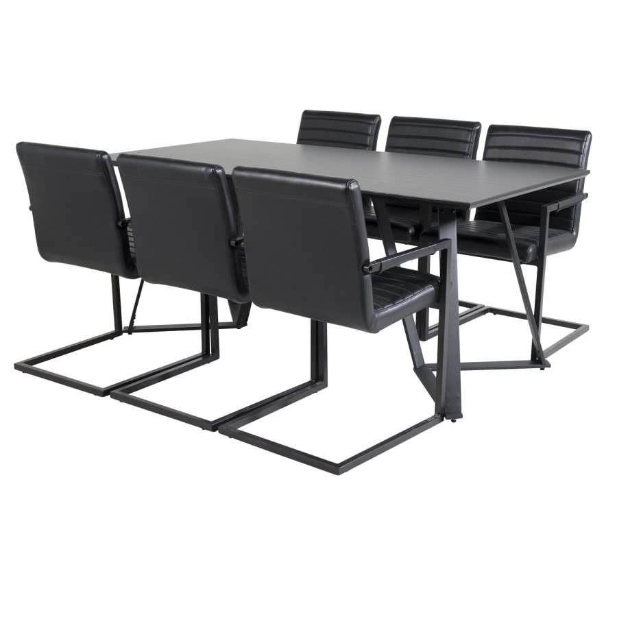 VENTURE DESIGN Marina Matbordsset, med 6 Stolar - Svart Fanér / Svart Metall och Svart PU / Svart Metall