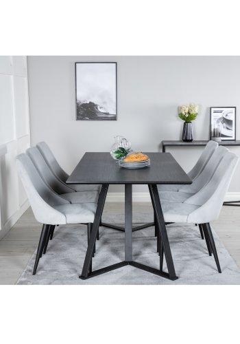 VENTURE DESIGN Marina Matbordsset, med 6 Stolar - Svart Fanér / Svart Metall och Grtt Tyg / Svart Metall