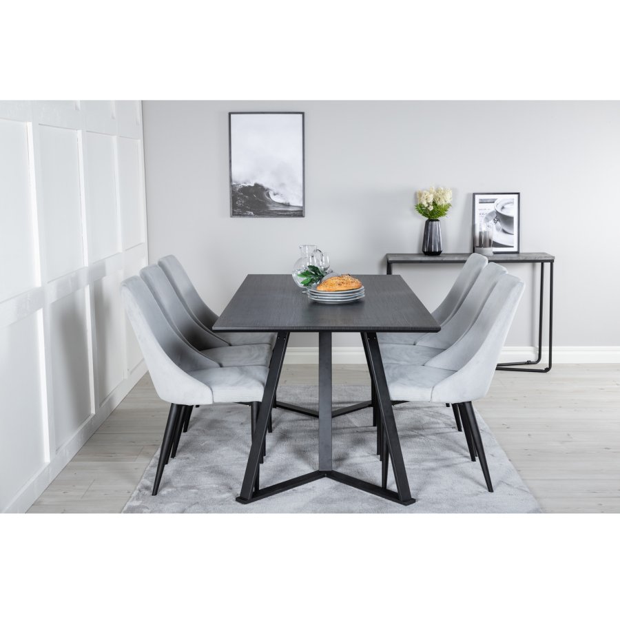 VENTURE DESIGN Marina Matbordsset, med 6 Stolar - Svart Fanér / Svart Metall och Grtt Tyg / Svart Metall