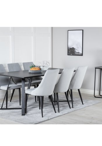 VENTURE DESIGN Marina Matbordsset, med 6 Stolar - Svart Fanér / Svart Metall och Grtt Tyg / Svart Metall