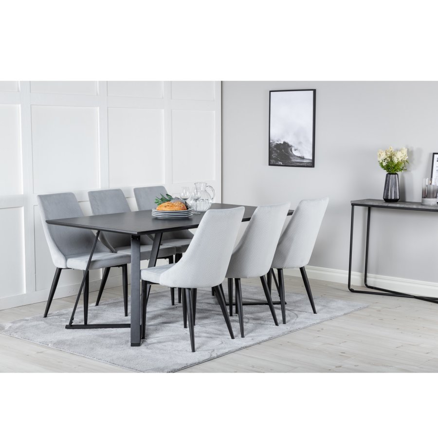 VENTURE DESIGN Marina Matbordsset, med 6 Stolar - Svart Fanér / Svart Metall och Grtt Tyg / Svart Metall