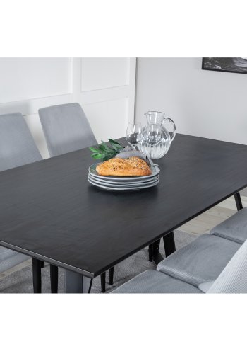 VENTURE DESIGN Marina Matbordsset, med 6 Stolar - Svart Fanér / Svart Metall och Grtt Tyg / Svart Metall