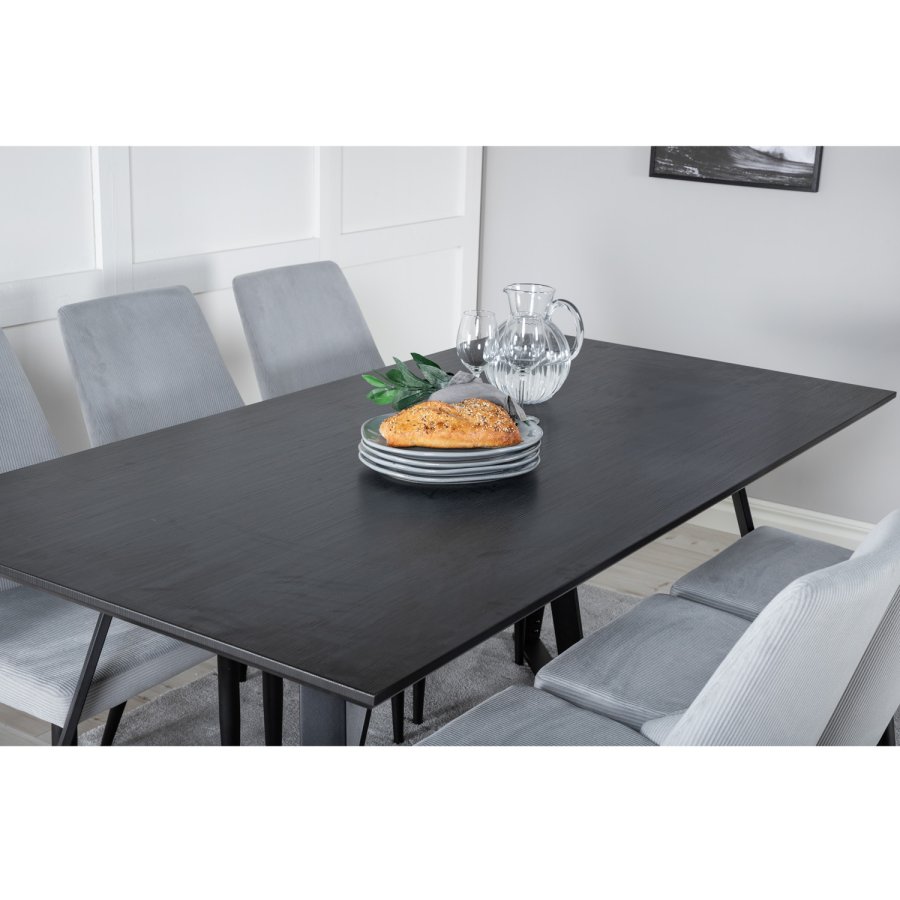 VENTURE DESIGN Marina Matbordsset, med 6 Stolar - Svart Fanér / Svart Metall och Grtt Tyg / Svart Metall