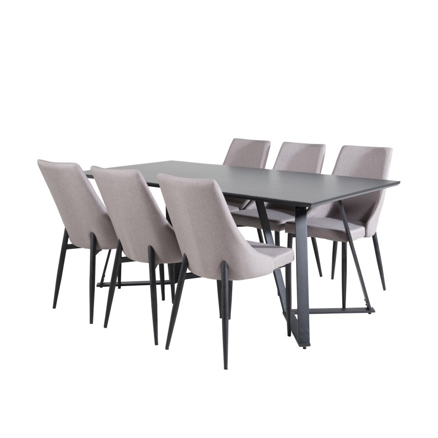 VENTURE DESIGN Marina Matbordsset, med 6 Stolar - Svart Fanér / Svart Metall och Grtt Tyg / Svart Metall