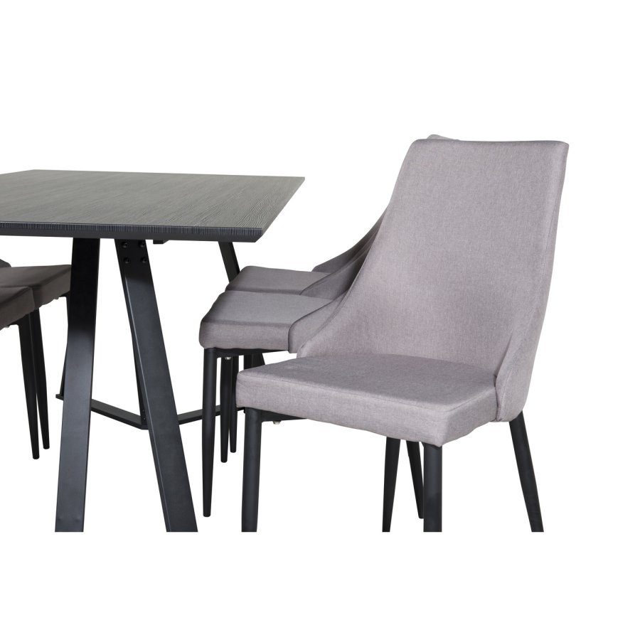 VENTURE DESIGN Marina Matbordsset, med 6 Stolar - Svart Fanér / Svart Metall och Grtt Tyg / Svart Metall