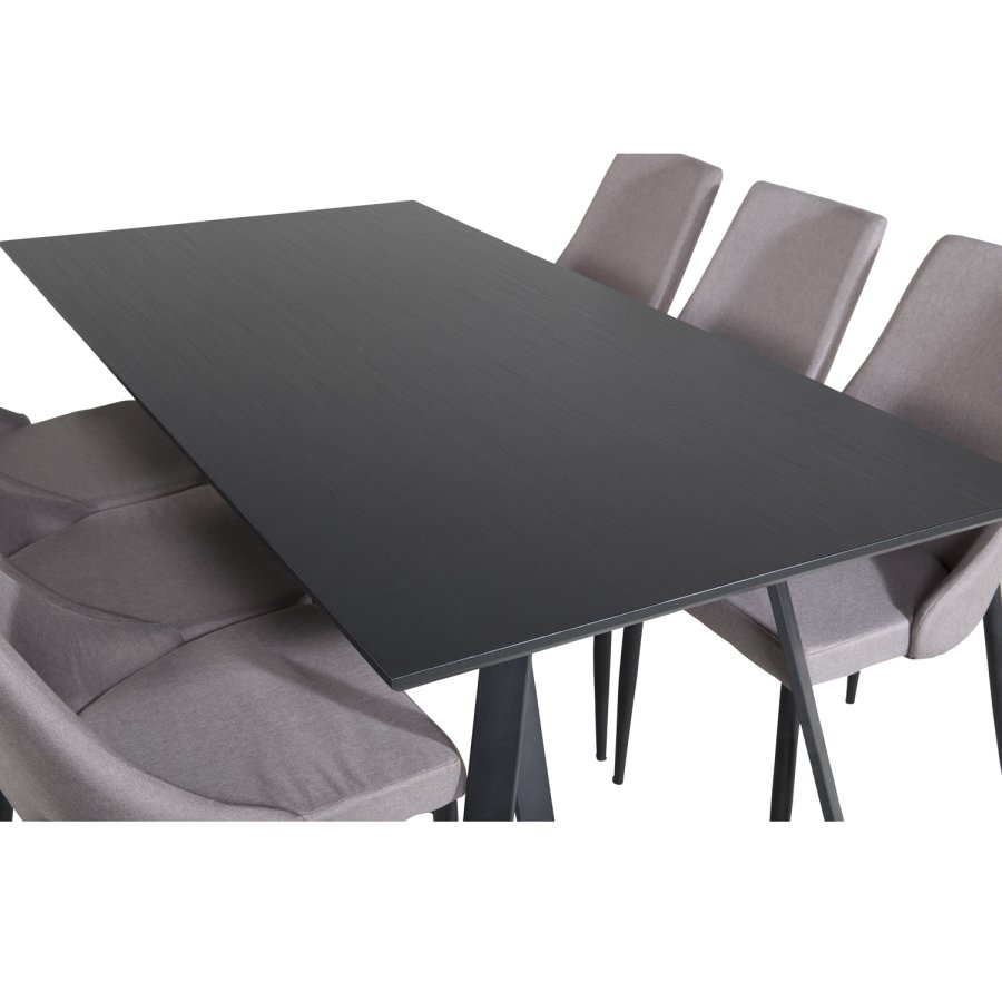 VENTURE DESIGN Marina Matbordsset, med 6 Stolar - Svart Fanér / Svart Metall och Grtt Tyg / Svart Metall