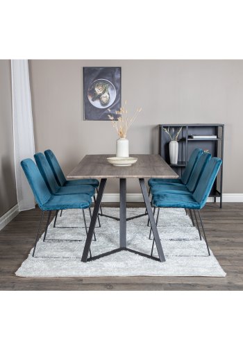 VENTURE DESIGN Marina spisebordsst, m. 6 stole - gr finer/sort metal og bl fljl/sort metal