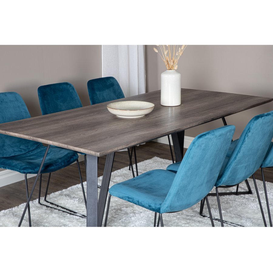 VENTURE DESIGN Marina spisebordsst, m. 6 stole - gr finer/sort metal og bl fljl/sort metal