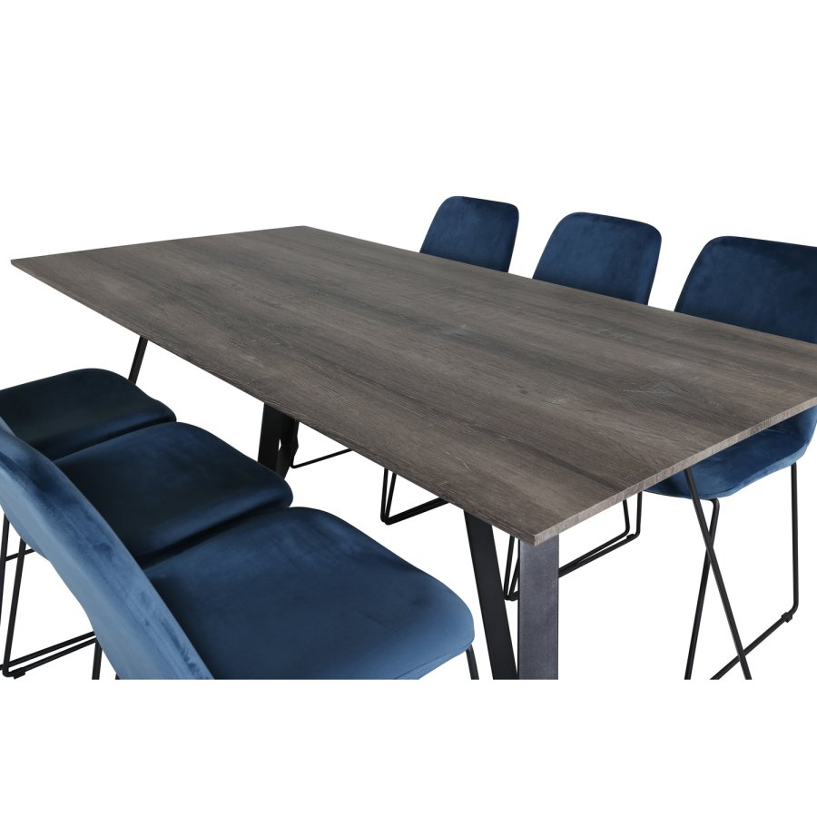 VENTURE DESIGN Marina spisebordsst, m. 6 stole - gr finer/sort metal og bl fljl/sort metal