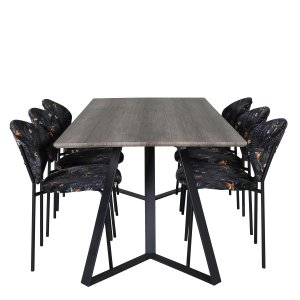 VENTURE DESIGN Marina Matbordsset, med 6 Stolar - Gr Fanér / Svart Metall och Multityg / Svart Metall
