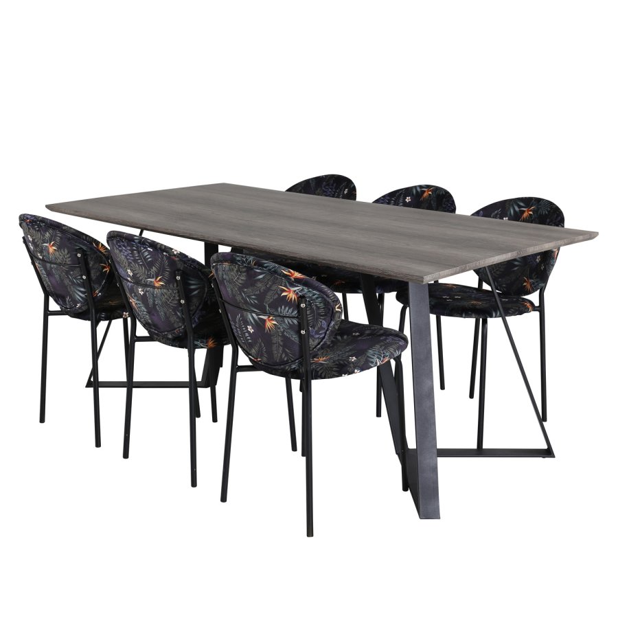 VENTURE DESIGN Marina spisebordsst, m. 6 stole - gr finer/sort metal og multi stof/sort metal