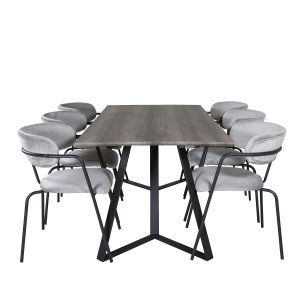 VENTURE DESIGN Marina Matbordsset, med 6 Stolar - Gr Fanér / Svart Metall och Gr Sammet / Svart Metall