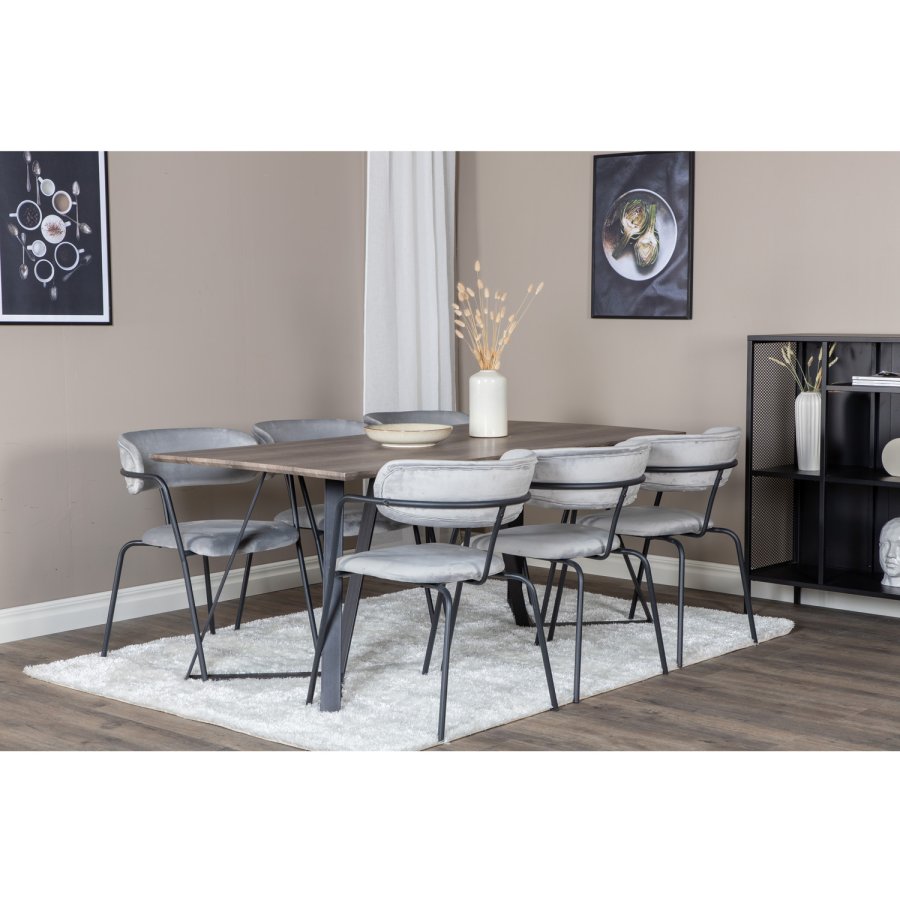 VENTURE DESIGN Marina spisebordsst, m. 6 stole - gr finer/sort metal og gr fljl/sort metal