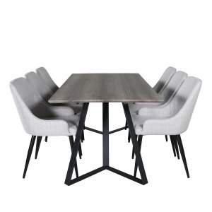VENTURE DESIGN Marina Matbordsset, med 6 Stolar - Gr Fanér / Svart Metall och Grtt Tyg / Svart Metall