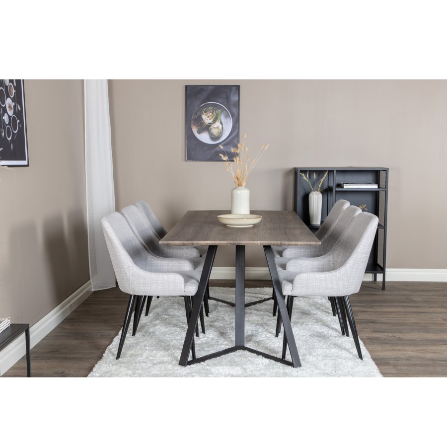 VENTURE DESIGN Marina spisebordsst, m. 6 stole - gr finer/sort metal og gr stof/sort metal