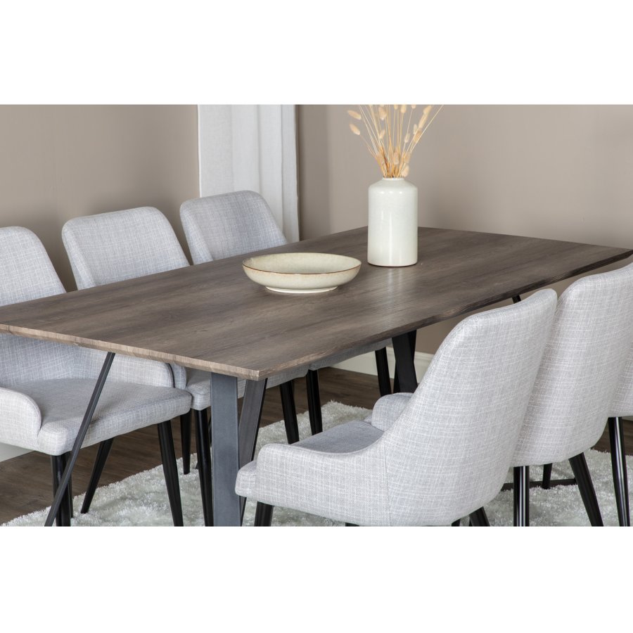 VENTURE DESIGN Marina spisebordsst, m. 6 stole - gr finer/sort metal og gr stof/sort metal