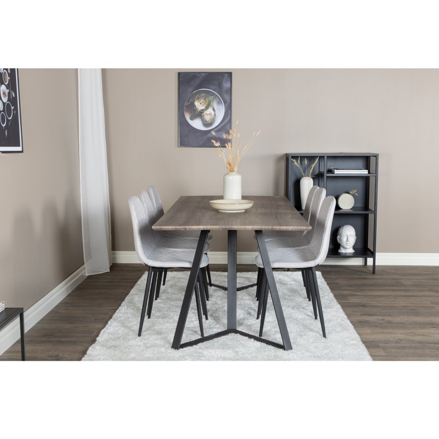 VENTURE DESIGN Marina spisebordsst, m. 6 stole - gr finer/sort metal og gr stof/sort metal