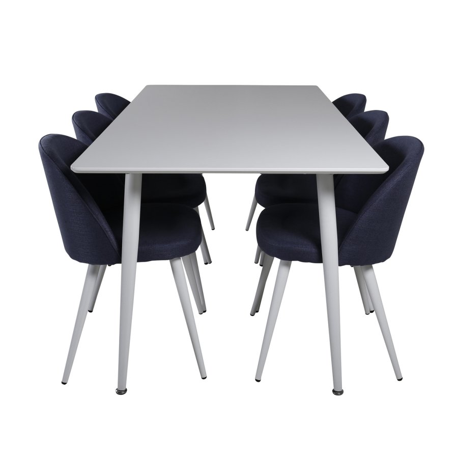 VENTURE DESIGN Polar spisebordsett, m. 6 stoler - hvit MDF/hvit metall, bltt stoff/hvit metall