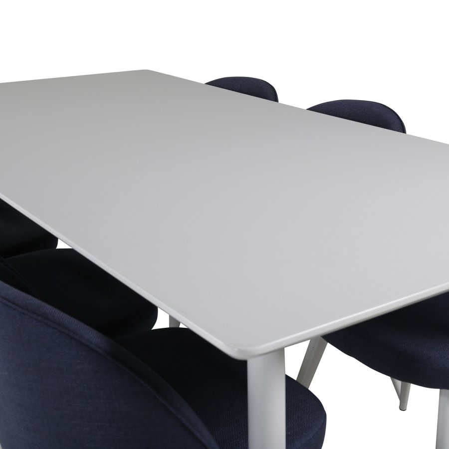 VENTURE DESIGN Polar spisebordsett, m. 6 stoler - hvit MDF/hvit metall, bltt stoff/hvit metall