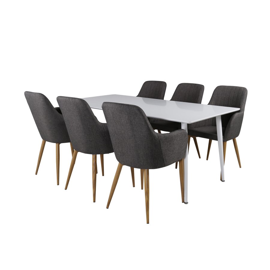 VENTURE DESIGN Polar spisebordsett, m. 6 stoler - hvit MDF/hvit metall, grtt stoff/valntt folie metall