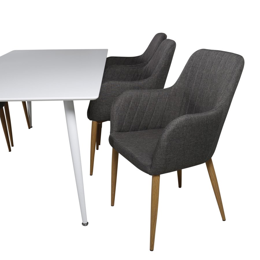 VENTURE DESIGN Polar spisebordsett, m. 6 stoler - hvit MDF/hvit metall, grtt stoff/valntt folie metall
