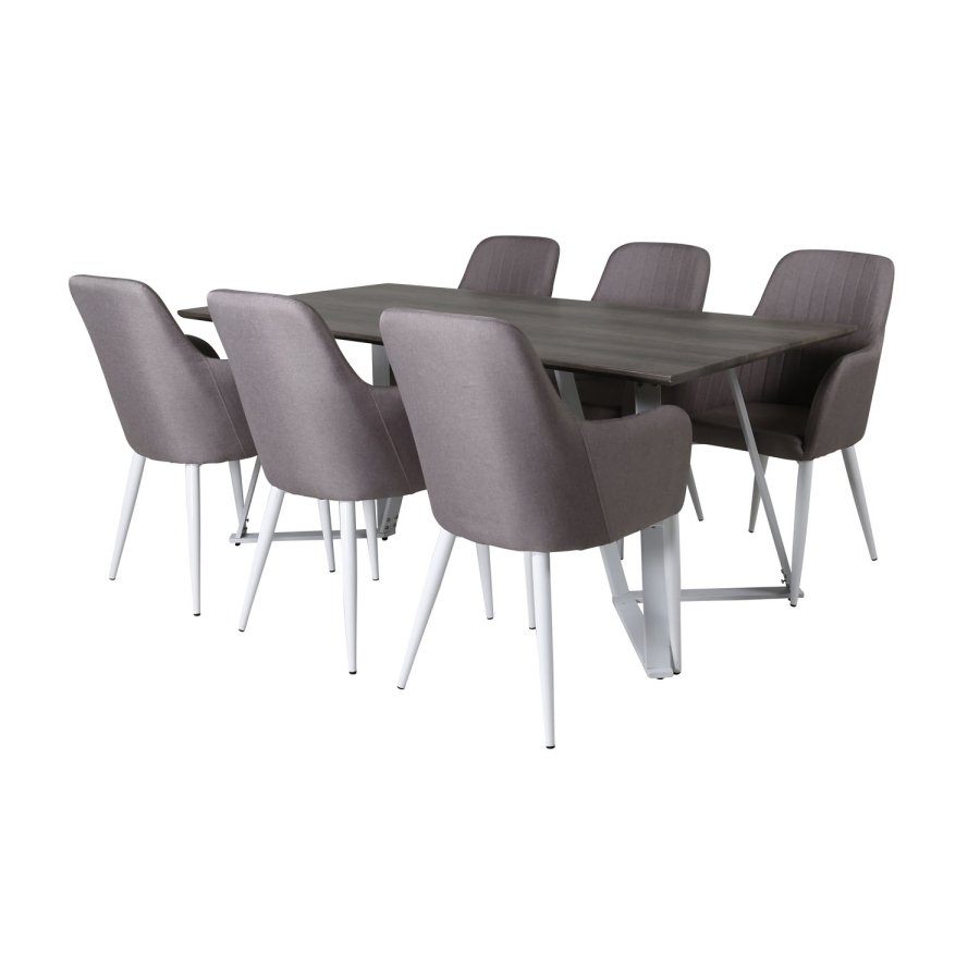 VENTURE DESIGN Marina Matbordsset, med 6 Stolar - Gr Fanér / Vit Metall och Grtt Tyg / Vit Metall