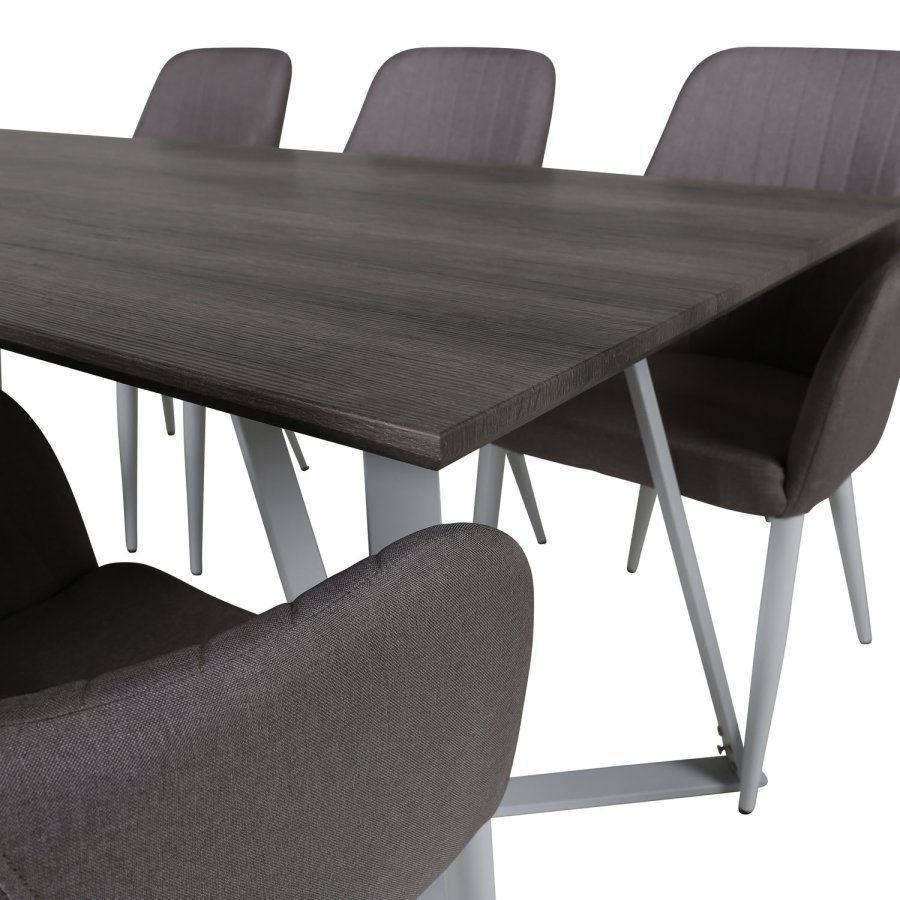 VENTURE DESIGN Marina Matbordsset, med 6 Stolar - Gr Fanér / Vit Metall och Grtt Tyg / Vit Metall