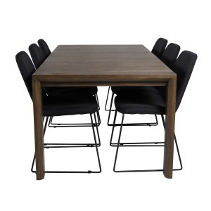 VENTURE DESIGN Slider Matbordsset, med 6 Stolar - Rökt Ekfanér / Ek och Svart Tyg / Svart Metall