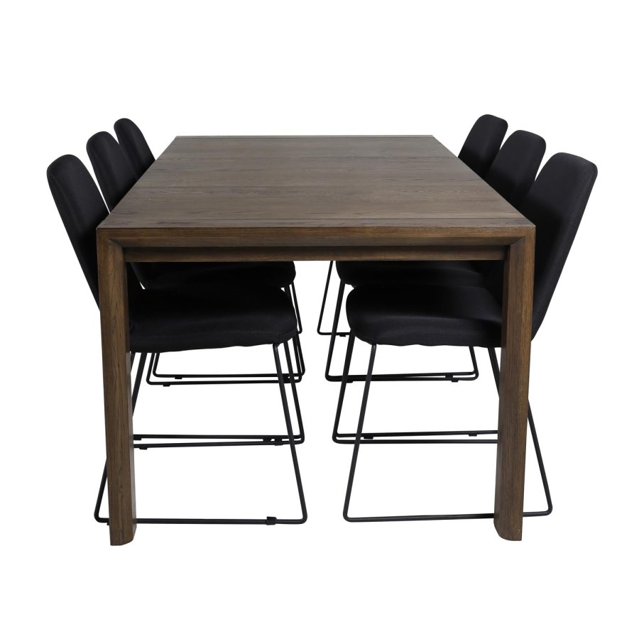 VENTURE DESIGN Slider spisebordsett, m. 6 stoler - rkt eikefiner/eik og sort stoff/svart metall
